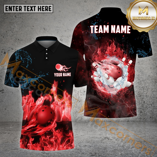 Maxcorners Bowling & Pins Water And Light Fire Pattern Multicolor Option Customized Name, Team Name 3D Polo Shirt (4 Colors)