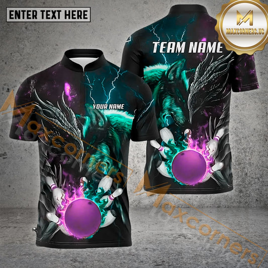 Maxcorners Bowling & Pins Flame Thunder Wolf And Dragon Pattern  Multicolor Option Customized Name, Team Name 3D Polo Shirt (4 Colors)