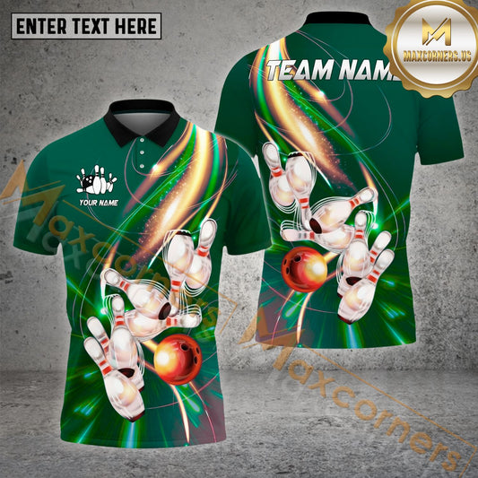 Maxcorners Bowling & Pins Shine Light Wave Pattern  Multicolor Option Customized Name, Team Name 3D Polo Shirt (4 Colors)