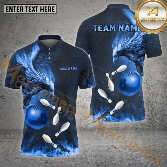Maxcorners Bowling & Pins Fire Phonenix Pattern  Multicolor Option Customized Name, Team Name 3D Polo Shirt (4 Colors)