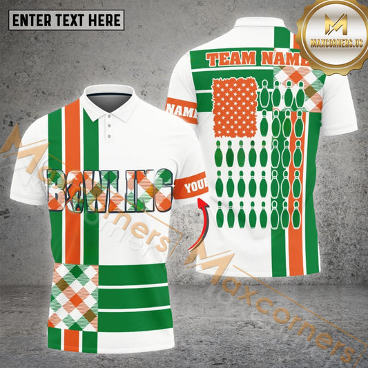 Maxcorners Bowling & Pins Retro Caro American Flag Multicolor Option Customized Name, Team Name 3D Polo Shirt (4 Colors)