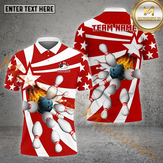 Maxcorners Bowling & Pins Flame Ball Star Pattern Multicolor Option Customized Name, Team Name 3D Polo Shirt (4 Colors)