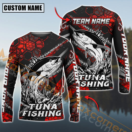 Maxcorners Tuna Fishing Red Hexagon Pattern Pro Sport Jersey Personalized Name And Team Name Fishing Long Sleeve Shirt