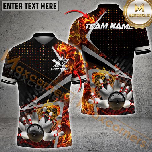 Maxcorner Bowling Ball & Pins Fire Patttern Multicolor Option Customized Name 3D Shirt (4 Colors)