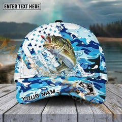 Maxcorners Bass Fishing Blue White Seawwave American Flag Pattern Sport Pattern Personalized Name 3D Cap MT173