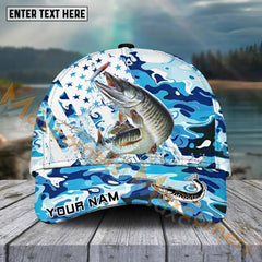 Maxcorners Musky Fishing Blue White Seawwave American Flag Pattern Sport Pattern Personalized Name 3D Cap MT173