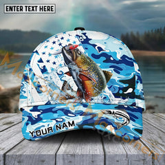 Maxcorners Trout Fishing Blue White Seawwave American Flag Pattern Sport Pattern Personalized Name 3D Cap MT173