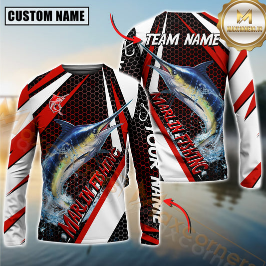 Maxcorners Marlin Fishing White Red Edge Personalized Name, Team Name Long Sleeve Shirt