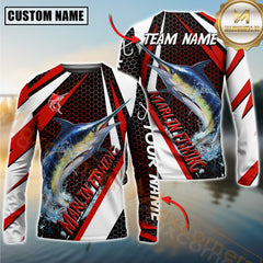 Maxcorners Marlin Fishing White Red Edge Personalized Name, Team Name Long Sleeve Shirt
