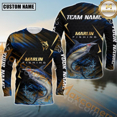 Maxcorners Marlin Fishing Golden With Skinfish Pattern Sport Jersey Personalized Name, Team Name Long Sleeve Shirt