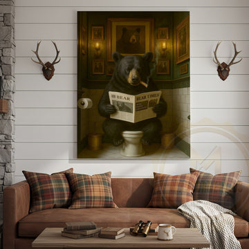 Maxcorners Black Bear Reading Newspaper Bathroom Humor Rustic Art Wrapped Canvas