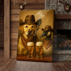 Maxcorners Cowboy Dog and Duck Drinking Beer Western Bar Art Wrapped Canvas