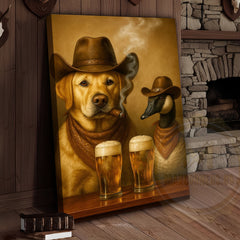 Maxcorners Cowboy Dog and Duck Drinking Beer Western Bar Art Wrapped Canvas
