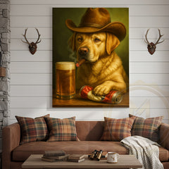 Maxcorners Cowboy Dog Smoking Cigar with Beer Rustic Western Bar Art Wrapped Canvas