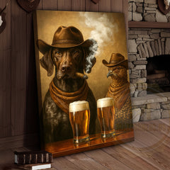 Maxcorners Cowboy Dog and Pheasant Drinking Beer Western Bar Art Wrapped Canvas