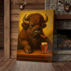Maxcorners Buffalo Smoking Cigar with Beer Rustic Tavern Art Wrapped Canvas