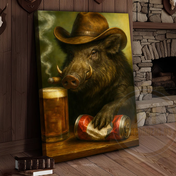Maxcorners Wild Boar Cowboy With Beer Rustic Bar Wall Art Wrapped Canvas