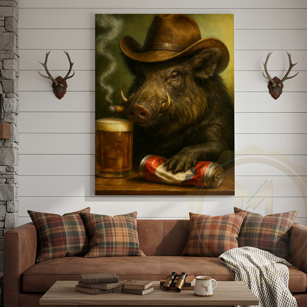 Maxcorners Wild Boar Cowboy With Beer Rustic Bar Wall Art Wrapped Canvas
