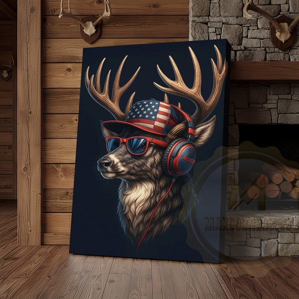 Maxcorners Patriotic Deer With American Flag Headphones Modern Rustic Art Wrapped Canvas