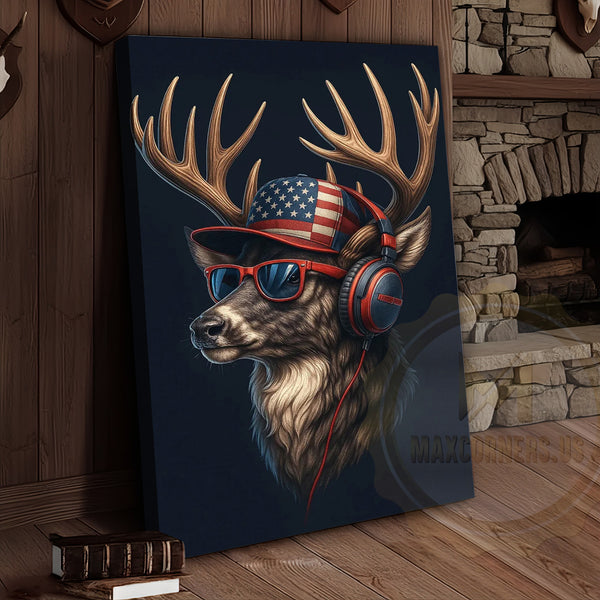 Maxcorners Patriotic Deer With American Flag Headphones Modern Rustic Art Wrapped Canvas