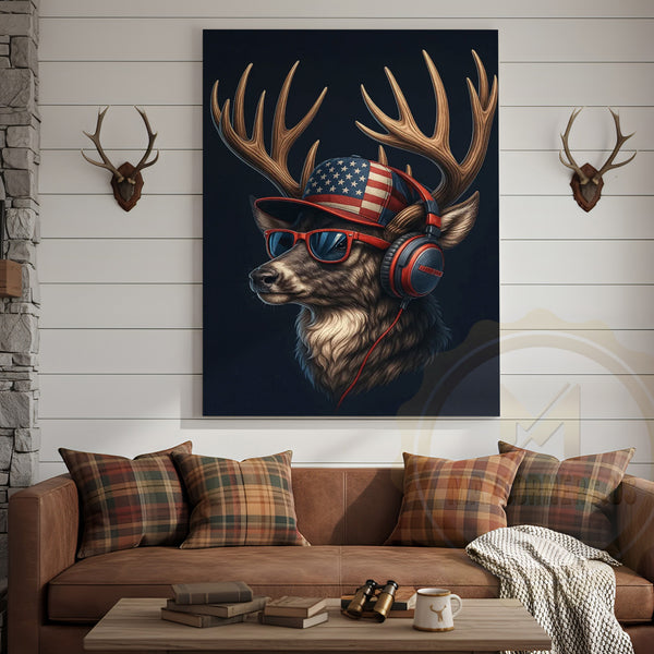 Maxcorners Patriotic Deer With American Flag Headphones Modern Rustic Art Wrapped Canvas