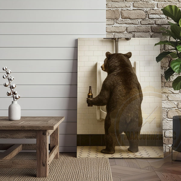 Maxcorners Funny Bear In Bathroom With Beer Rustic Lodge Art Wrapped Canvas
