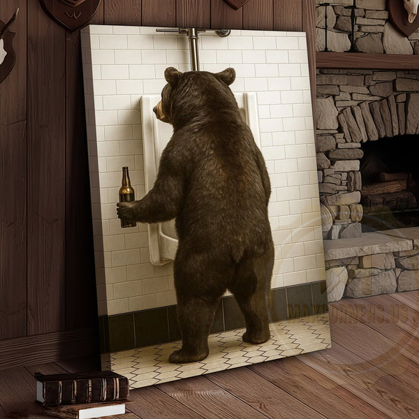 Maxcorners Funny Bear In Bathroom With Beer Rustic Lodge Art Wrapped Canvas