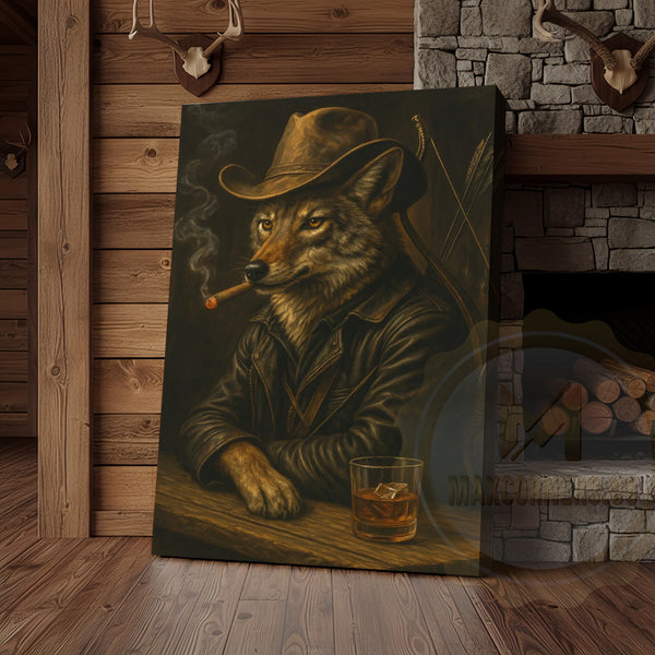 Maxcorners Wolf Cowboy With Whiskey Rustic Western Bar Art Wrapped Canvas