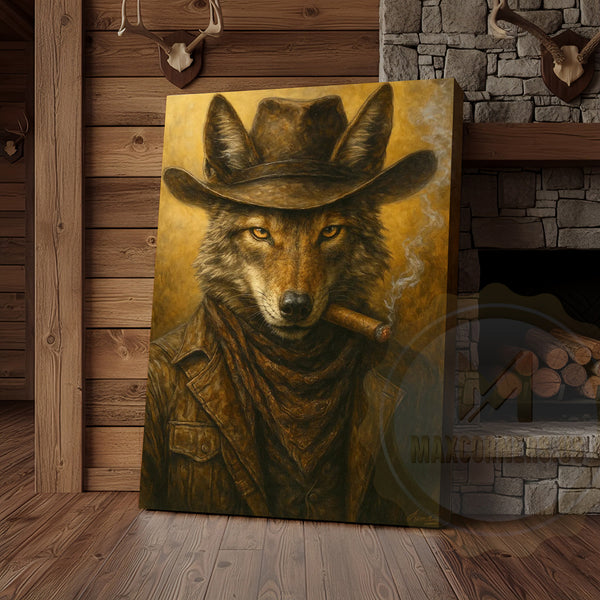 Maxcorners Wolf Cowboy Smoking Cigar Rustic Western Lodge Art Wrapped Canvas