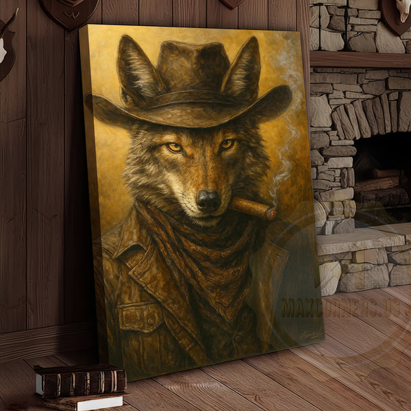 Maxcorners Wolf Cowboy Smoking Cigar Rustic Western Lodge Art Wrapped Canvas