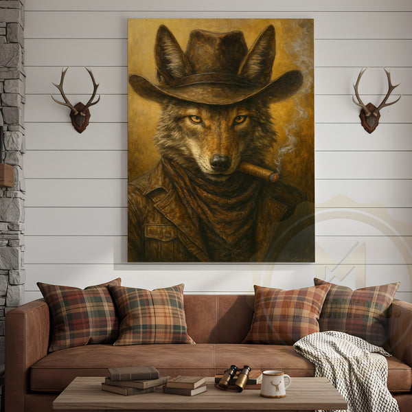 Maxcorners Wolf Cowboy Smoking Cigar Rustic Western Lodge Art Wrapped Canvas