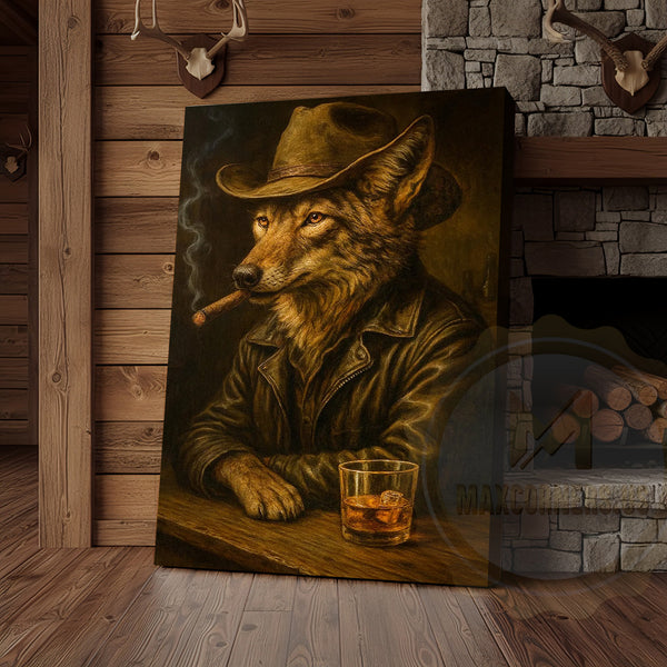 Maxcorners Wolf Cowboy With Whiskey Rustic Lodge Wall Art Wrapped Canvas