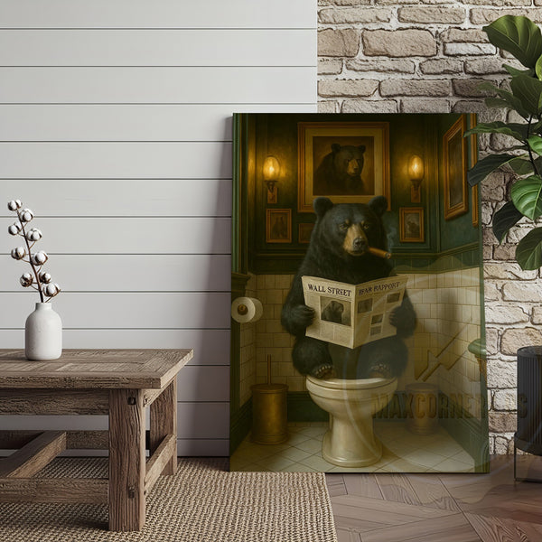Maxcorners Funny Bear Reading Newspaper Rustic Bathroom Wall Art Wrapped Canvas