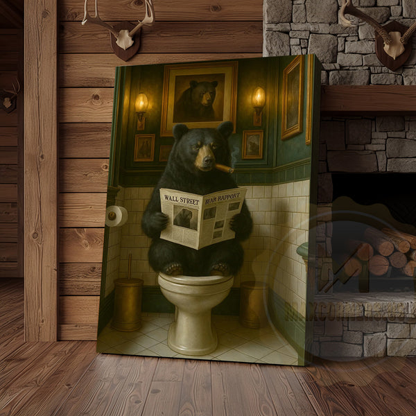 Maxcorners Funny Bear Reading Newspaper Rustic Bathroom Wall Art Wrapped Canvas