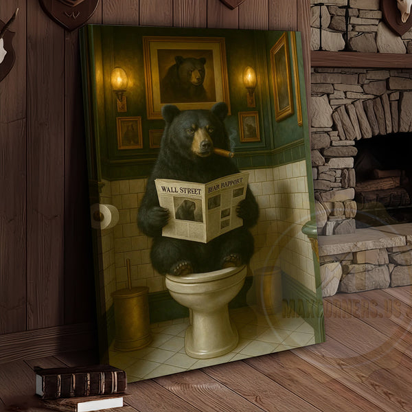 Maxcorners Funny Bear Reading Newspaper Rustic Bathroom Wall Art Wrapped Canvas