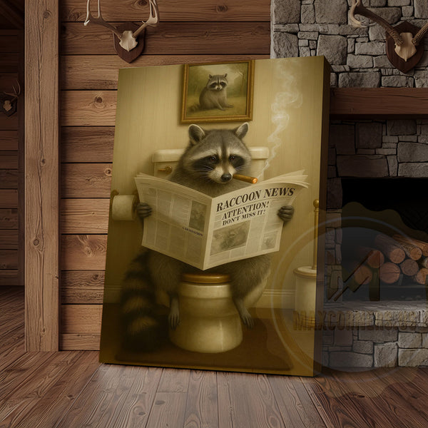 Maxcorners Funny Raccoon Reading Newspaper Rustic Bathroom Wall Art Wrapped Canvas