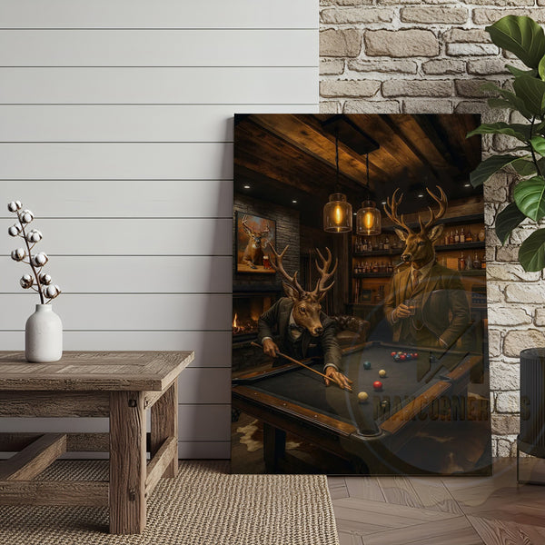 Maxcorners Deer Playing Pool Rustic Lodge Bar Wall Art Wrapped Canvas
