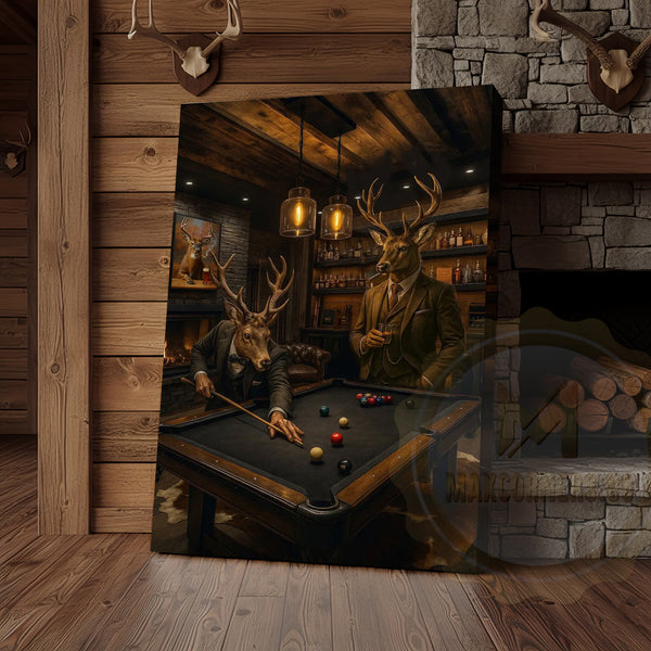 Maxcorners Deer Playing Pool Rustic Lodge Bar Wall Art Wrapped Canvas