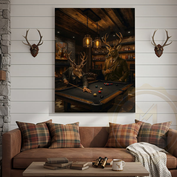 Maxcorners Deer Playing Pool Rustic Lodge Bar Wall Art Wrapped Canvas