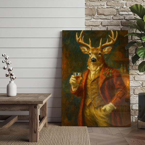 Maxcorners Deer With Whiskey Glass Rustic Bar Wall Art Wrapped Canvas