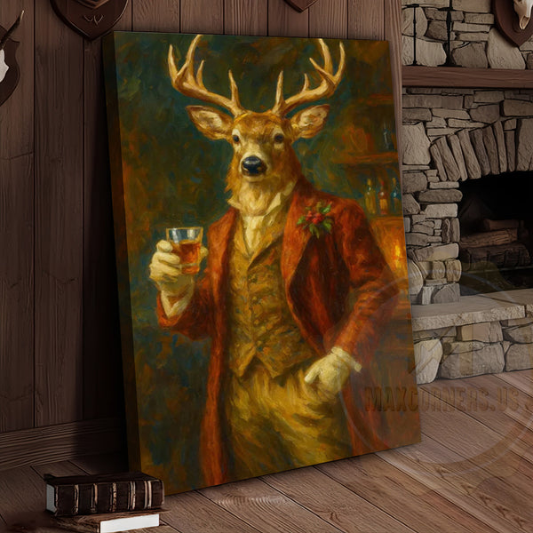 Maxcorners Deer With Whiskey Glass Rustic Bar Wall Art Wrapped Canvas