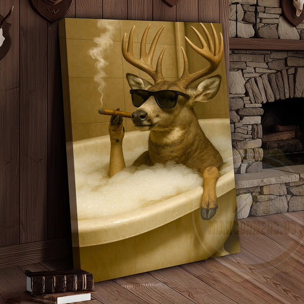 Maxcorners Funny Deer In Bathtub Smoking Cigar Rustic Bathroom Wall Art Wrapped Canvas