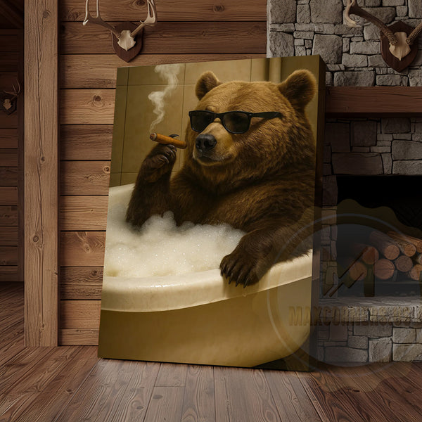Maxcorners Funny Bear In Bathtub Smoking Cigar Rustic Bathroom Wall Art Wrapped Canvas