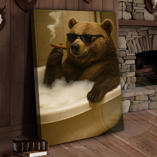 Maxcorners Funny Bear In Bathtub Smoking Cigar Rustic Bathroom Wall Art Wrapped Canvas