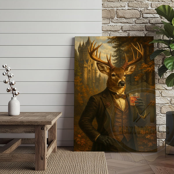 Maxcorners Gentleman Deer With Whiskey Glass Rustic Castle Wall Art Wrapped Canvas