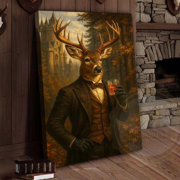 Maxcorners Gentleman Deer With Whiskey Glass Rustic Castle Wall Art Wrapped Canvas