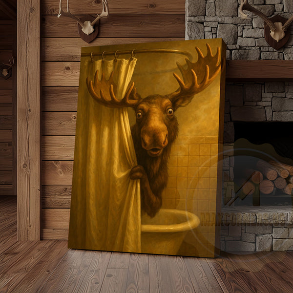 Maxcorners Funny Moose In Shower Rustic Bathroom Wall Art Wrapped Canvas