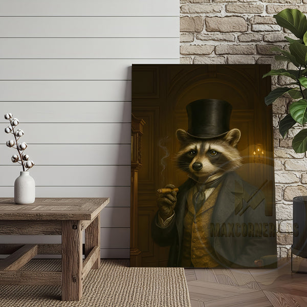 Maxcorners Gentleman Raccoon Smoking Cigar Rustic Lodge Wall Art Wrapped Canvas