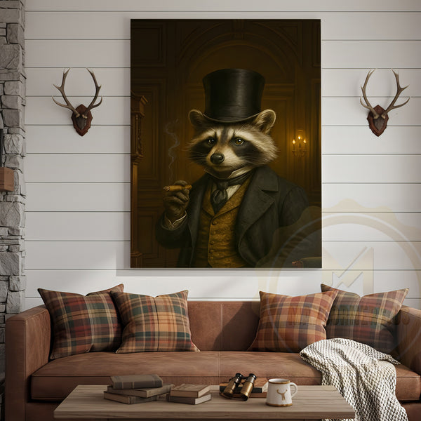 Maxcorners Gentleman Raccoon Smoking Cigar Rustic Lodge Wall Art Wrapped Canvas