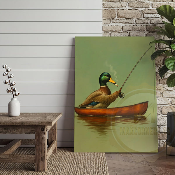Maxcorners Funny Duck Fishing In Boat Smoking Rustic Lake Lodge Wall Art Wrapped Canvas